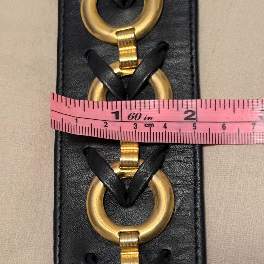 Vintage 80s Sculptural Gold Buckle Wide Black Leather Statement Belt – Power Era - Picture 14 of 16
